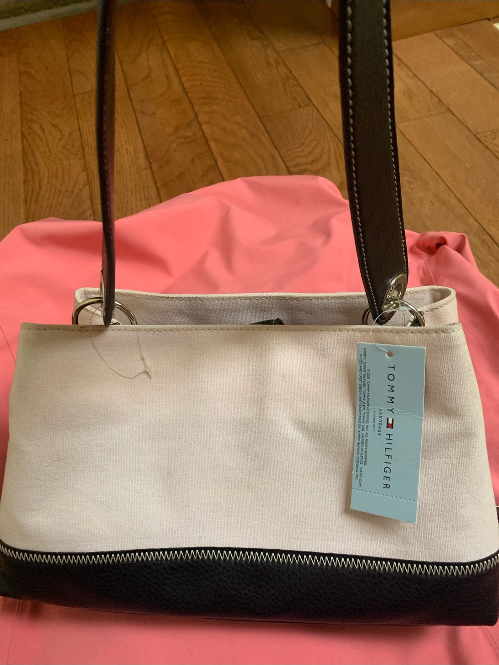 Tommy Hilfiger Cream Canvas Shoulder Bag with Black Trim and Brown Straps
